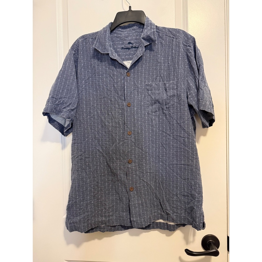 Tommy Bahama Button Down Shirt Mens L Blue Excellent 100% Silk Geometric Camp